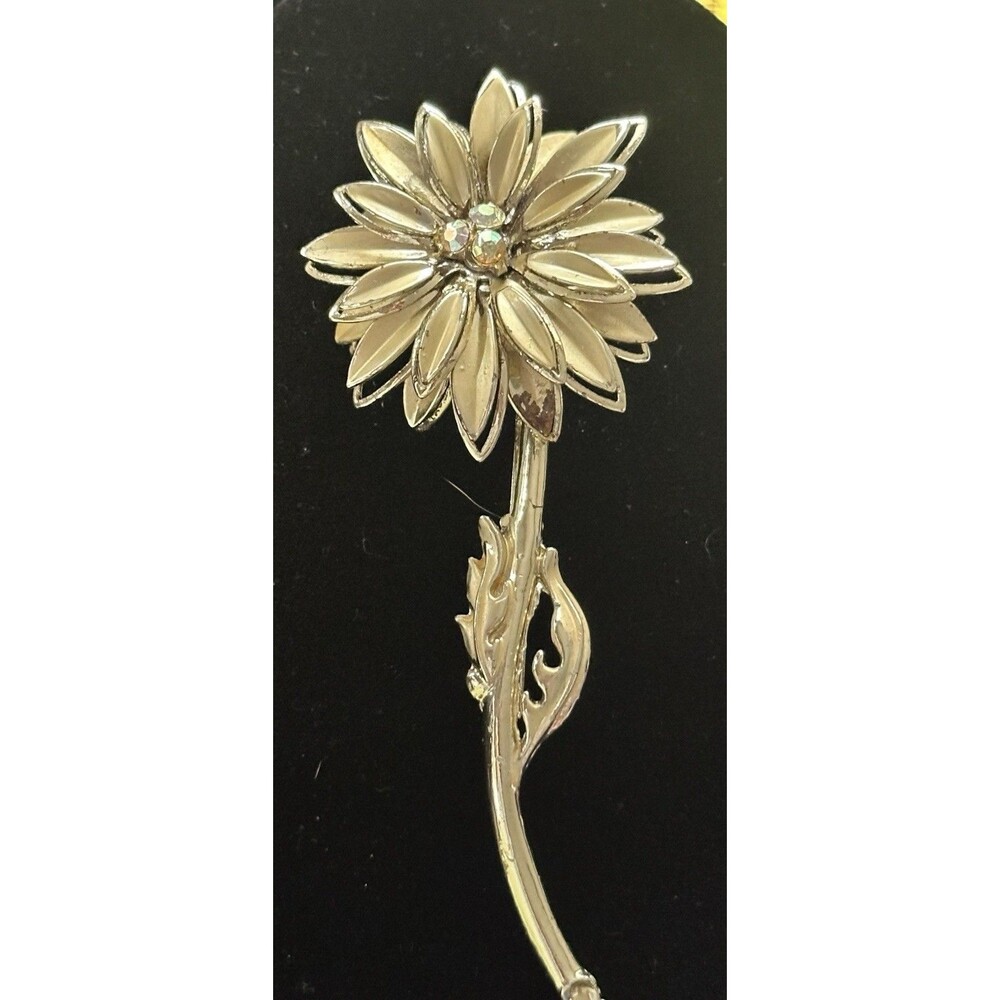 Vintage Gold Tone Flower Brooch AB Rhinestone Dimensional Floral Pin 4”